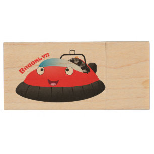 Cute red happy hovercraft cartoon wood flash drive