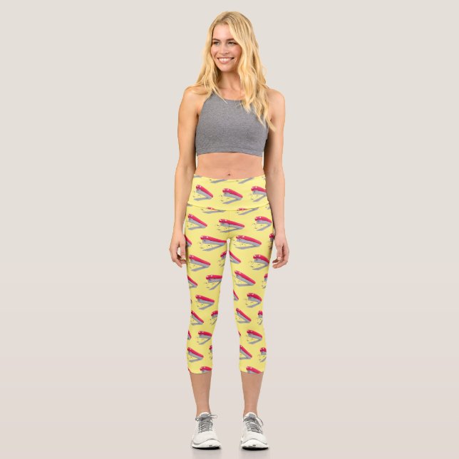 Cute red happy stapler cartoon illustration  capri leggings (Front)