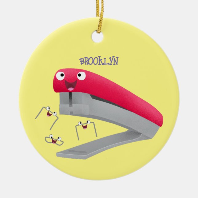 Cute red happy stapler cartoon illustration  ceramic ornament (Front)