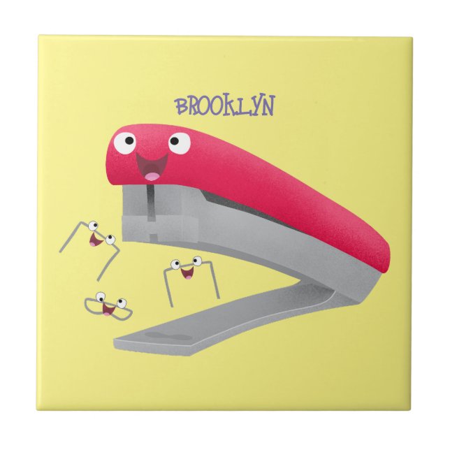 Cute red happy stapler cartoon illustration  ceramic tile (Front)