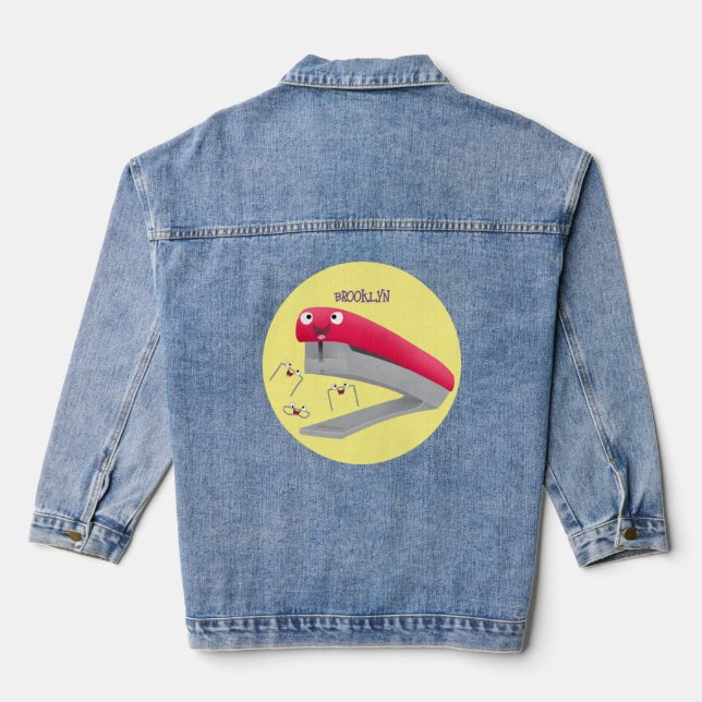 Cute red happy stapler cartoon illustration  denim jacket (Back)