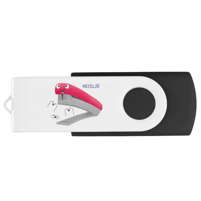 Cute red happy stapler cartoon illustration  flash drive (Back)