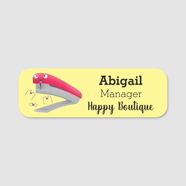 Cute red happy stapler cartoon illustration  name tag (Front)