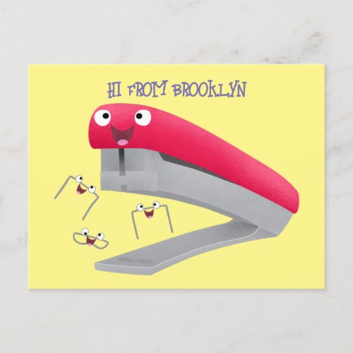 Cute red happy stapler cartoon illustration  postcard