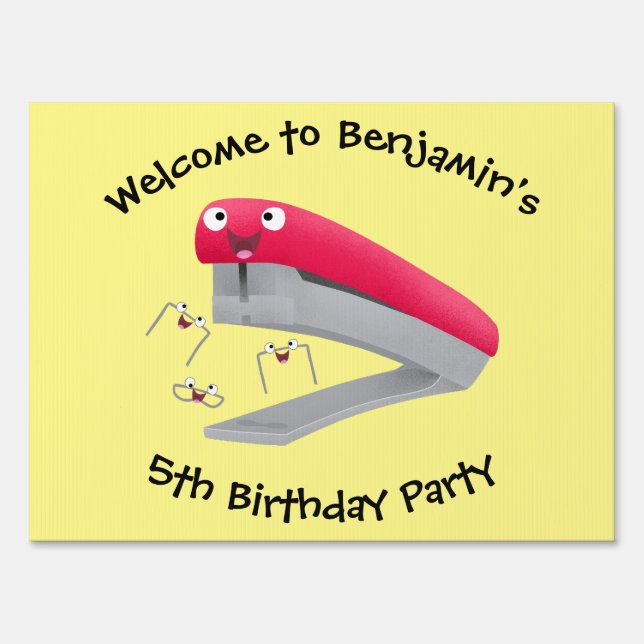Cute red happy stapler cartoon illustration  sign (Front)