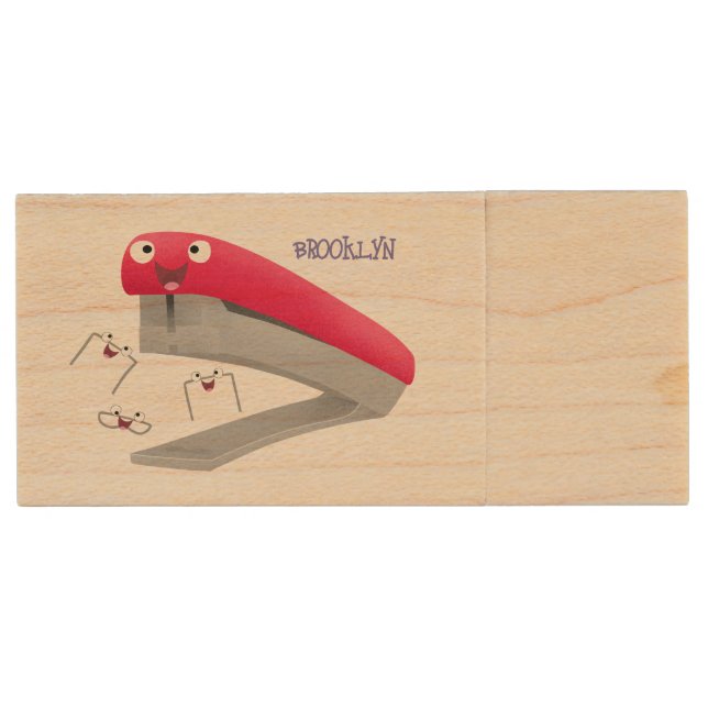 Cute red happy stapler cartoon illustration wood flash drive (Front)