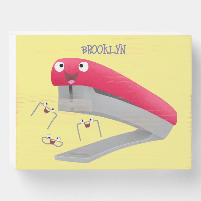 Cute red happy stapler cartoon illustration wooden box sign (Front Horizontal)