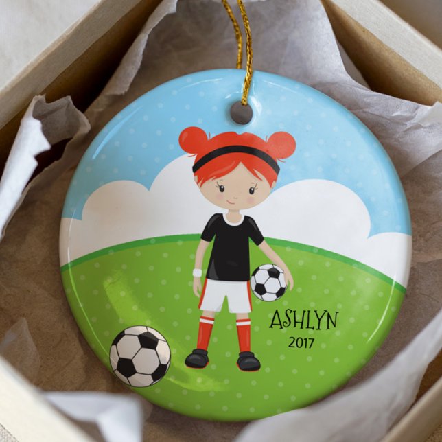 Cute Red Head Girl Soccer Personalized Christmas Ceramic Ornament (Creator Uploaded)