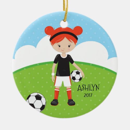 Cute Red Head Girl Soccer Personalized Christmas Ceramic Ornament