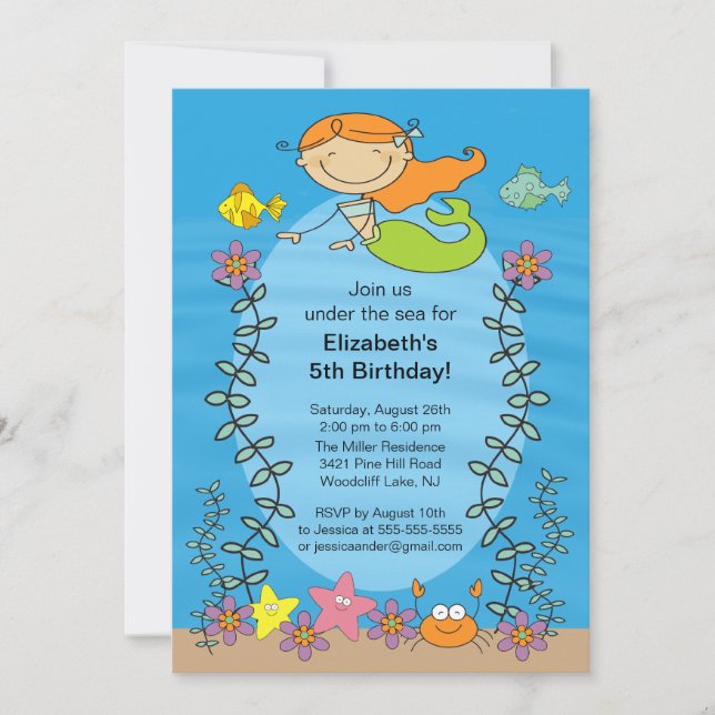 Cute Red Head Mermaid Birthday Invitation (Front)