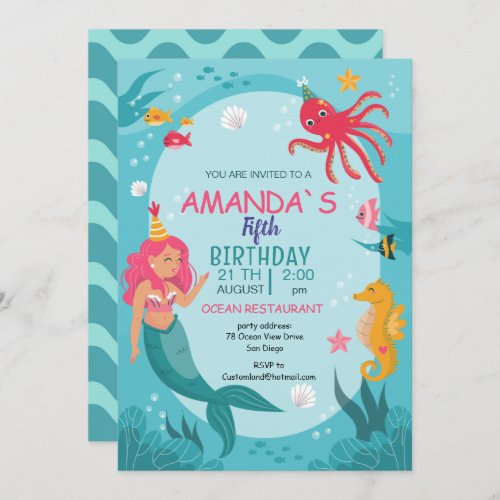 Cute Red Head Mermaid Birthday Party Invitation