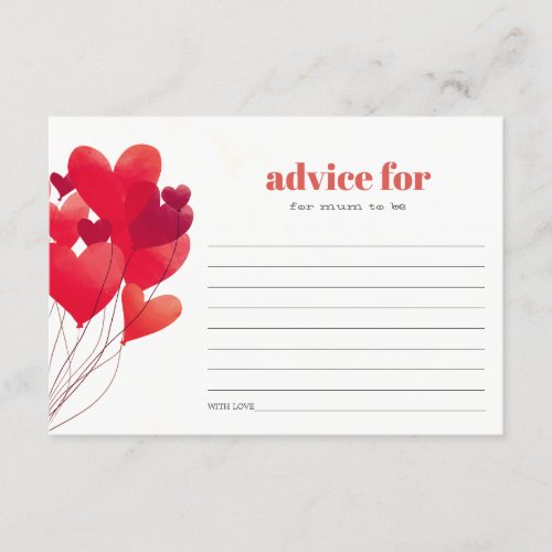 Cute Red Heart Balloons Advice For Mum Baby Shower Enclosure Card
