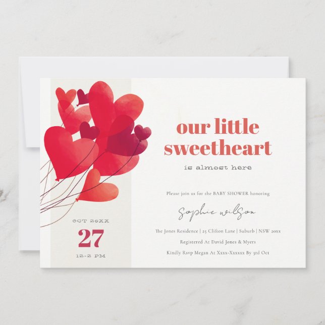 Cute Red Heart Balloons Sweetheart Baby Shower Invitation (Front)