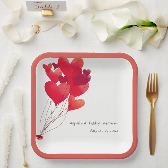 Cute Red Heart Balloons Sweetheart Baby Shower Paper Plates (Wedding)