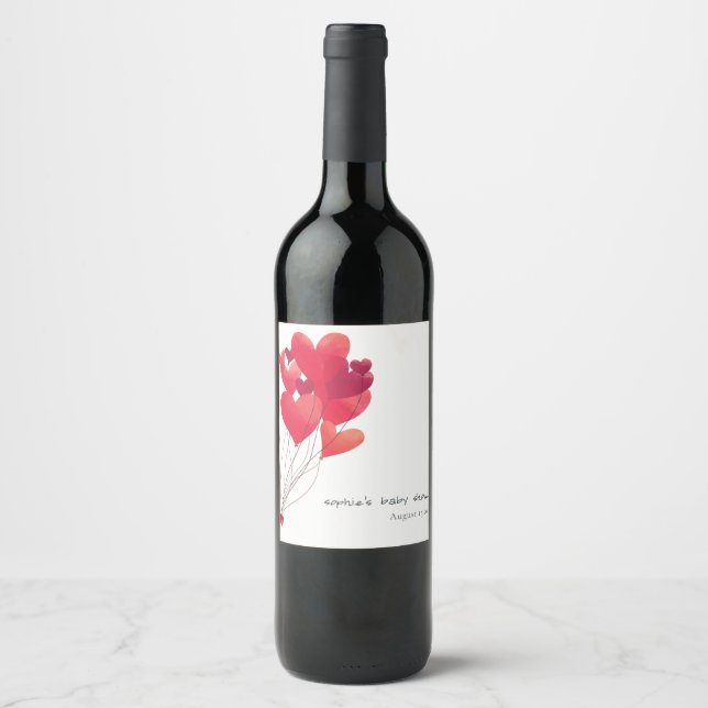Cute Red Heart Balloons Sweetheart Baby Shower Wine Label (Front)
