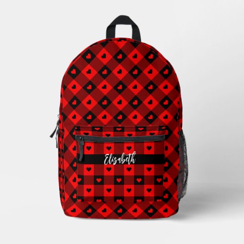 Cute Red Heart Buffalo Plaid Pattern Add Name Girl Printed Backpack