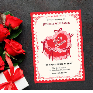 Cute red heart cake bow baby shower invitation
