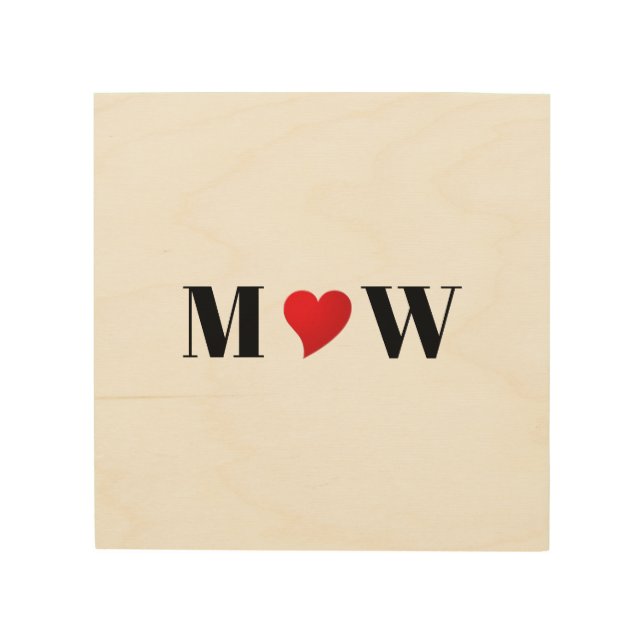 Cute red heart custom couple initials monogram wood wall art (Front)