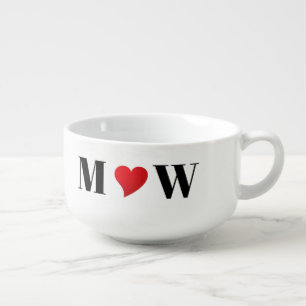 Cute red heart custom couple initials monogrammed soup mug