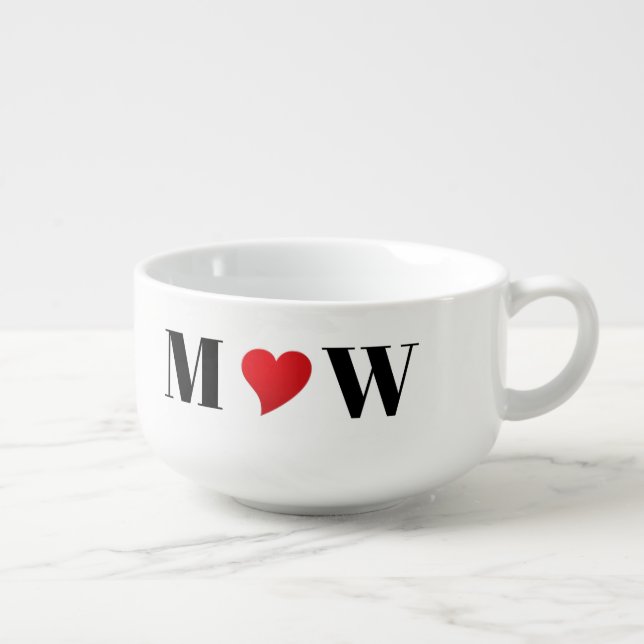Cute red heart custom couple initials monogrammed soup mug (Left)