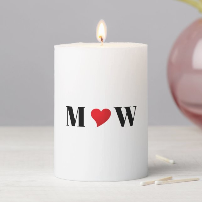 Cute red heart custom couple monogram initials pillar candle (In Situ)