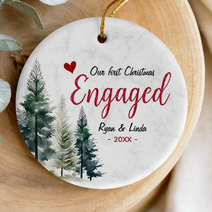 Cute Red Heart Engagement First Christmas Keepsake Ceramic Ornament