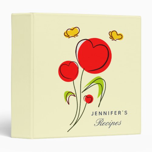 Cute Red Heart Flowers and Yellow Butterflies 3 Ring Binder