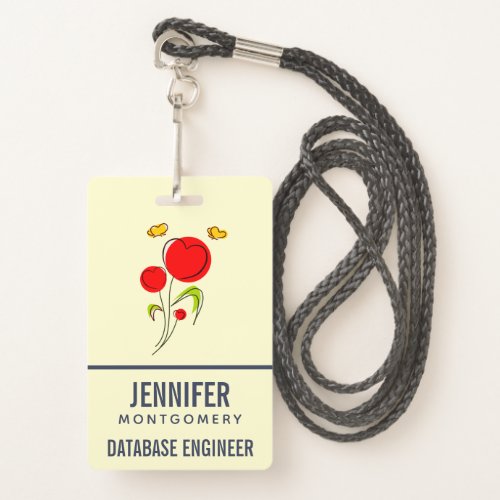 Cute Red Heart Flowers and Yellow Butterflies Badge
