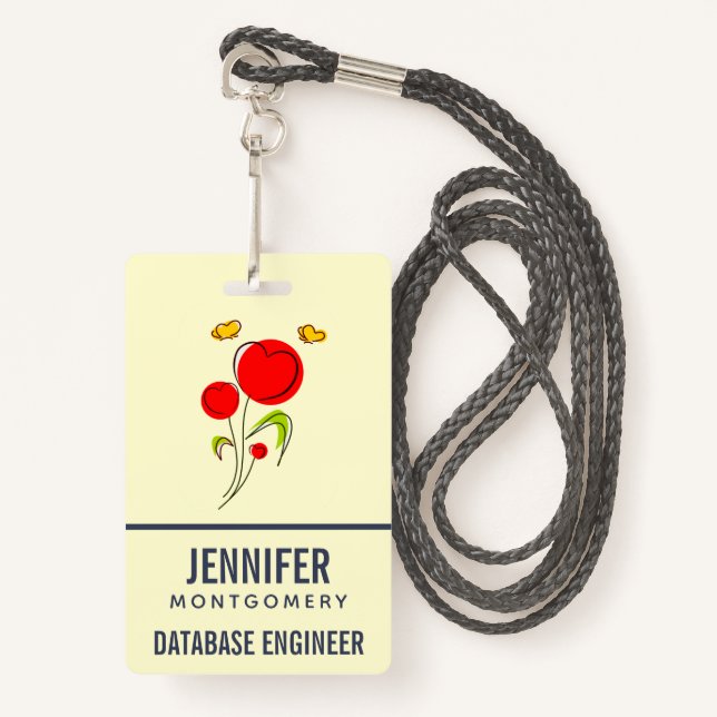 Cute Red Heart Flowers and Yellow Butterflies Badge (Front with Lanyard)
