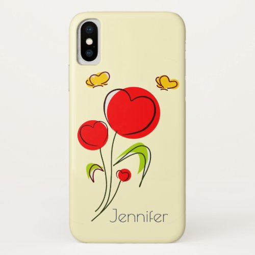 Cute Red Heart Flowers and Yellow Butterflies iPhone X Case