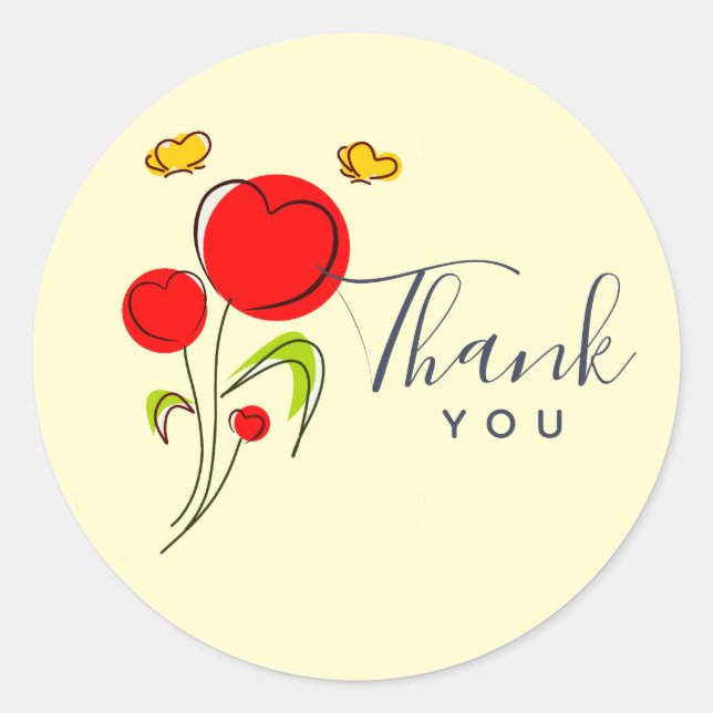 Cute Red Heart Flowers and Yellow Butterflies Classic Round Sticker (Front)