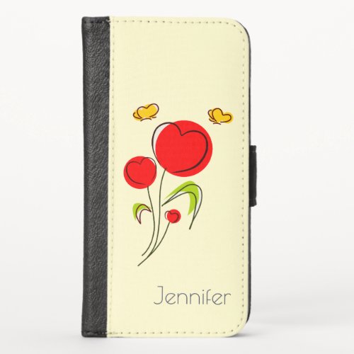 Cute Red Heart Flowers and Yellow Butterflies iPhone X Wallet Case