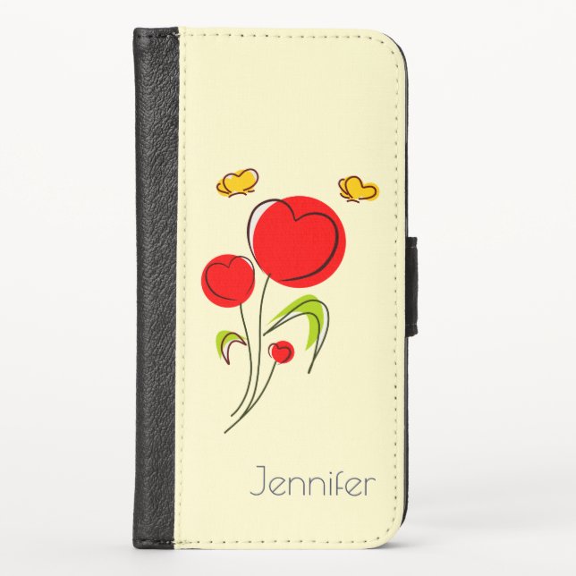 Cute Red Heart Flowers and Yellow Butterflies iPhone Wallet Case (Front)