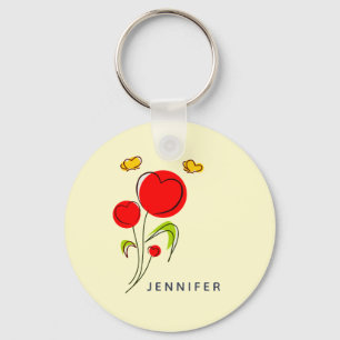 Cute Red Heart Flowers and Yellow Butterflies Keychain