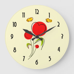 Cute Red Heart Flowers and Yellow Butterflies Large Clock