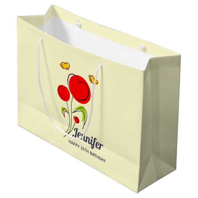 Cute Red Heart Flowers and Yellow Butterflies Large Gift Bag (Front Angled)