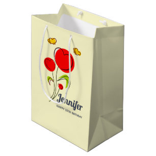 Cute Red Heart Flowers and Yellow Butterflies Medium Gift Bag