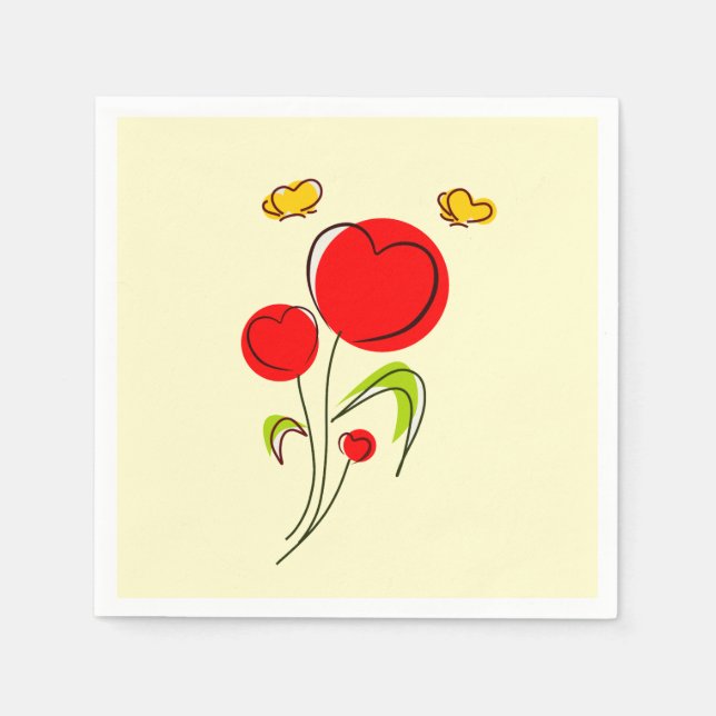Cute Red Heart Flowers and Yellow Butterflies Napkins (Front)