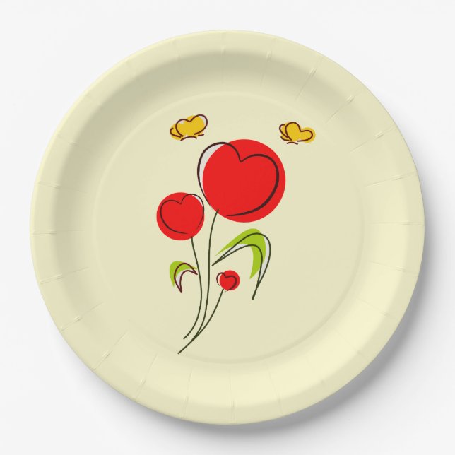 Cute Red Heart Flowers and Yellow Butterflies Paper Plates (Front)