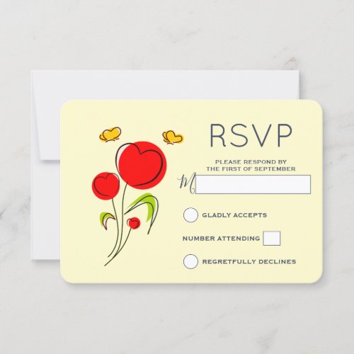 Cute Red Heart Flowers and Yellow Butterflies RSVP