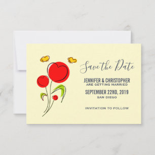 Cute Red Heart Flowers and Yellow Butterflies Save The Date