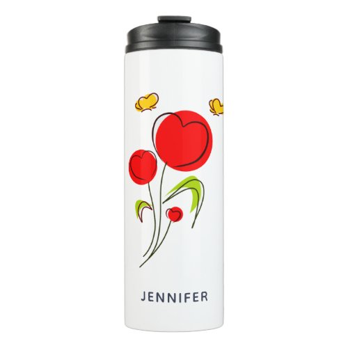 Cute Red Heart Flowers and Yellow Butterflies Thermal Tumbler