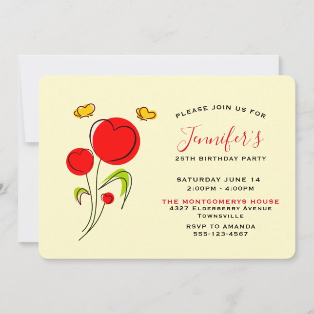 Cute Red Heart Flowers Birthday Invitation (Front)