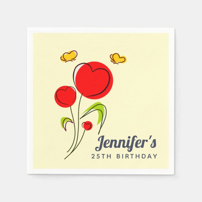 Cute Red Heart Flowers Illustration Birthday Napkins (Front)