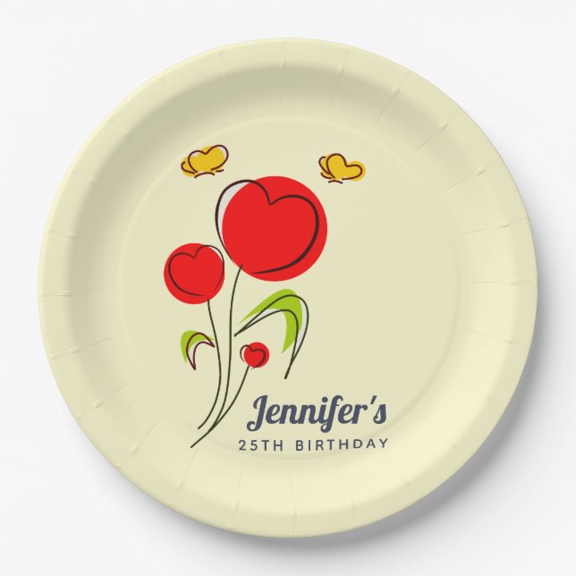 Cute Red Heart Flowers Illustration Birthday Paper Plates (Front)
