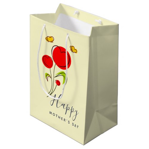 Cute Red Heart Flowers Illustration Mothers Day Medium Gift Bag