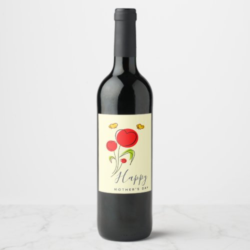 Cute Red Heart Flowers Illustration Mothers Day Wine Label