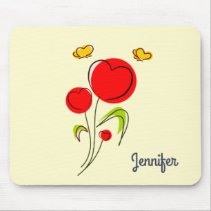 Cute Red Heart Flowers Illustration Mouse Pad