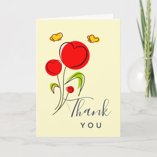 Cute Red Heart Flowers Illustration Thank You Card