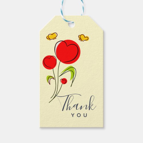 Cute Red Heart Flowers Illustration Thank You Gift Tags